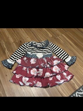 Ruffles Girls Floral Tiered Dress with Striped Top Mixed Pattern Size 6/7